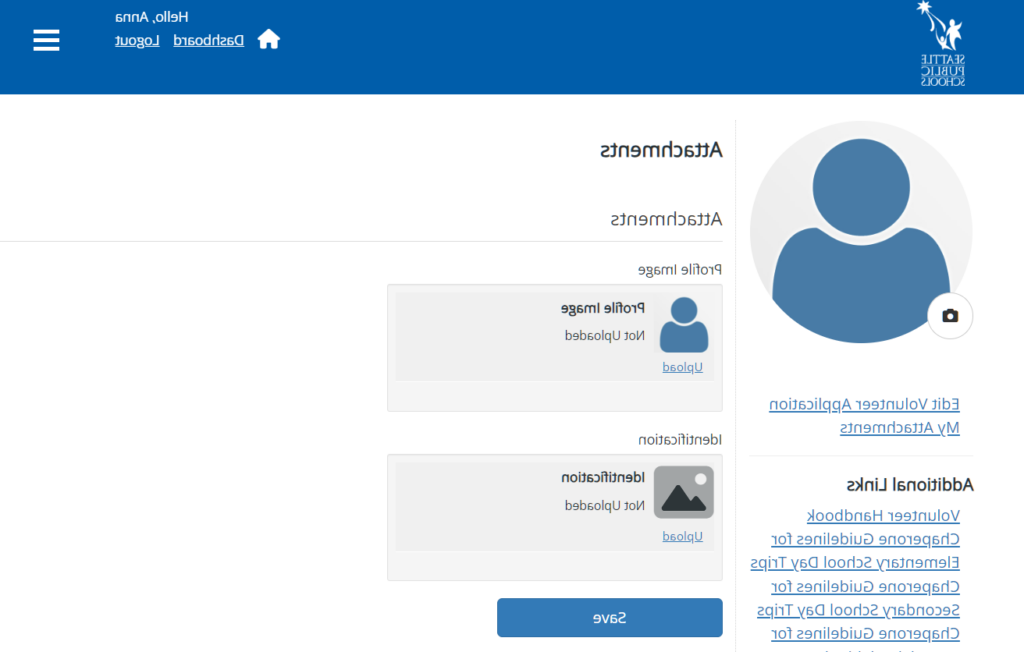 Volunteer dashboard - attachments page. Shows where you can upload your ID and/or profile photo.